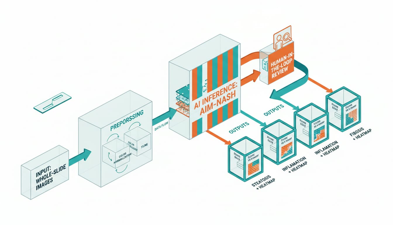Dashboard cloud che analizza biopsie epatiche con mappe di calore per steatosi, infiammazione e fibrosi