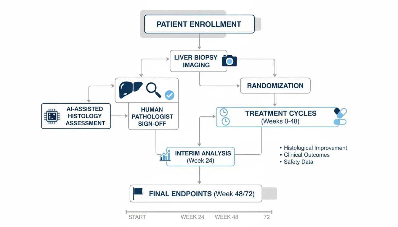 Diagramma di uno studio clinico MASH con valutazioni AI su biopsie e punti di decisione
