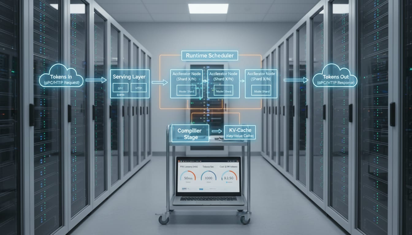 Schema concettuale di un cluster per inferenza LLM con acceleratori dedicati e pipeline di serving