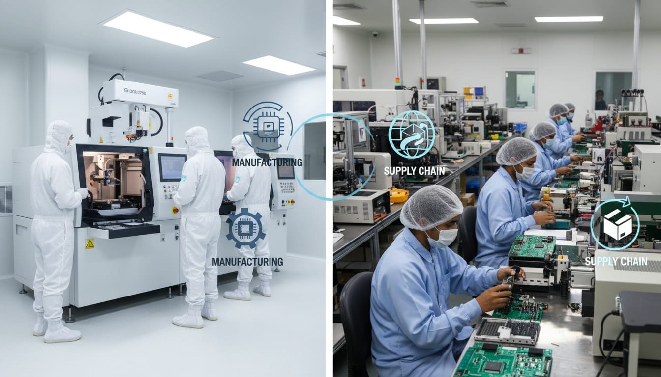 Interno di una fabbrica di semiconduttori e mappa stilizzata che collega USA e India