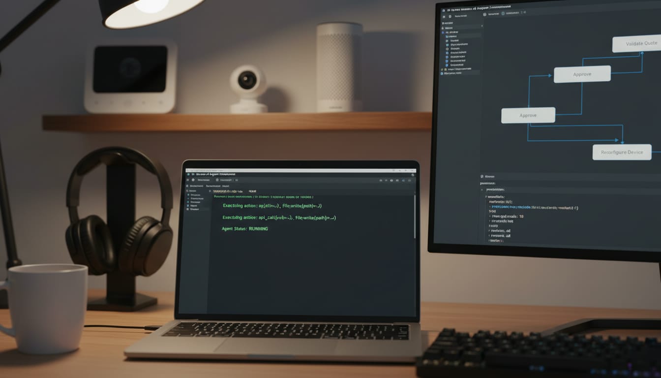 Sviluppatore che orchestra un agente Goose su laptop con flussi e API