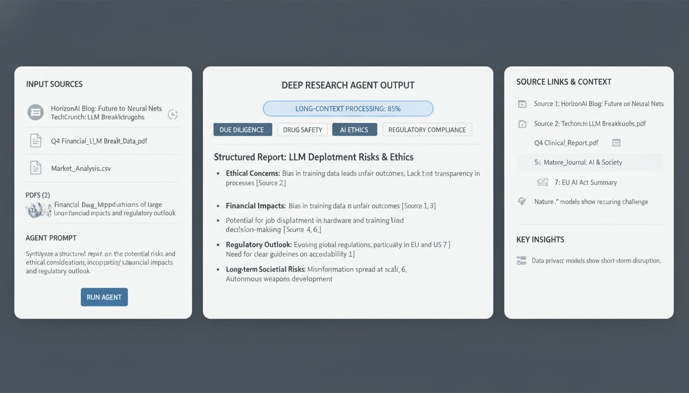Interfaccia che mostra un agente di ricerca profonda che legge molte fonti e produce un riepilogo con citazioni