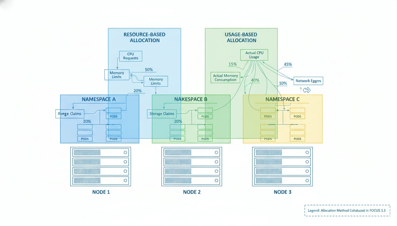 Visualizzazione di allocazione dei costi in un cluster Kubernetes multi-tenant con metodi di riparto evidenziati